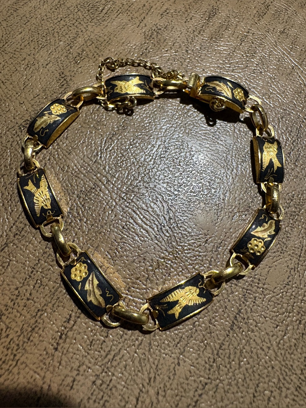 Vintage Damascene Gold and Black Bracelet with Floral and Bird Motif